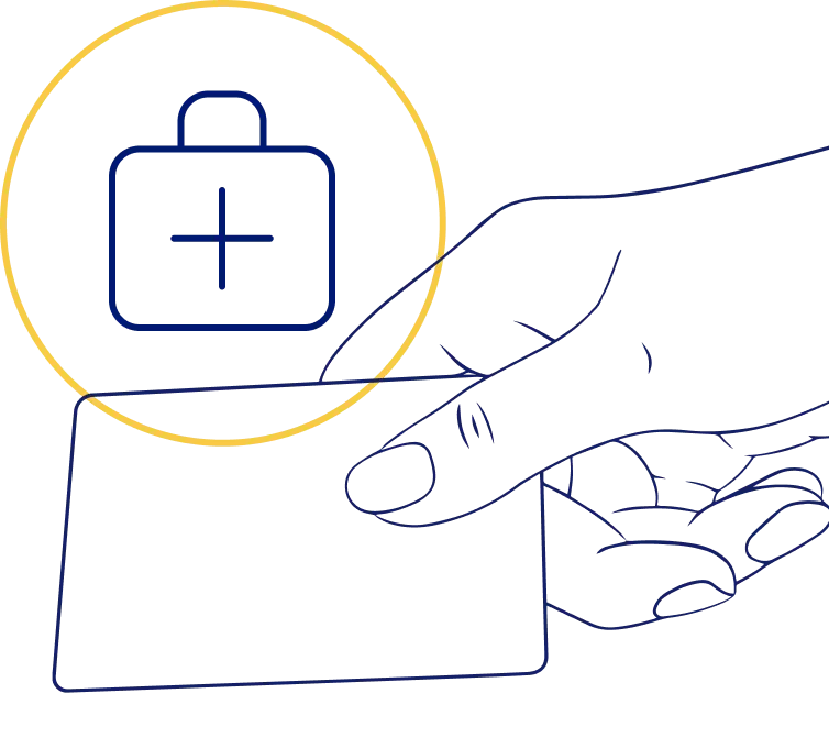 Line drawing of a hand holding a card, with a medical briefcase icon inside a yellow circle