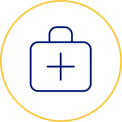 Line drawing of a hand holding a card, with a medical briefcase icon inside a yellow circle