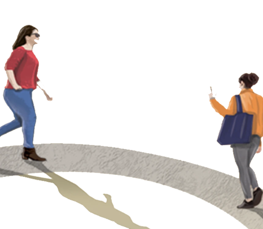 Drawing of two people on a sidewalk walking, one on the phone