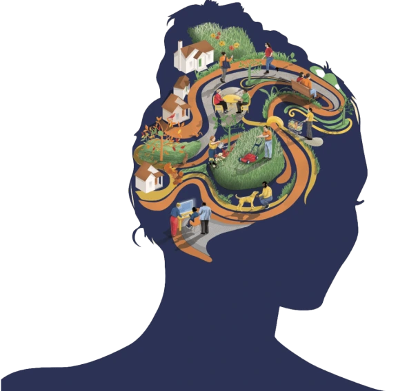 Silhouette of a head filled with an illustrated scene of people on a winding path, surrounded by houses, greenery, and everyday outdoor activities.