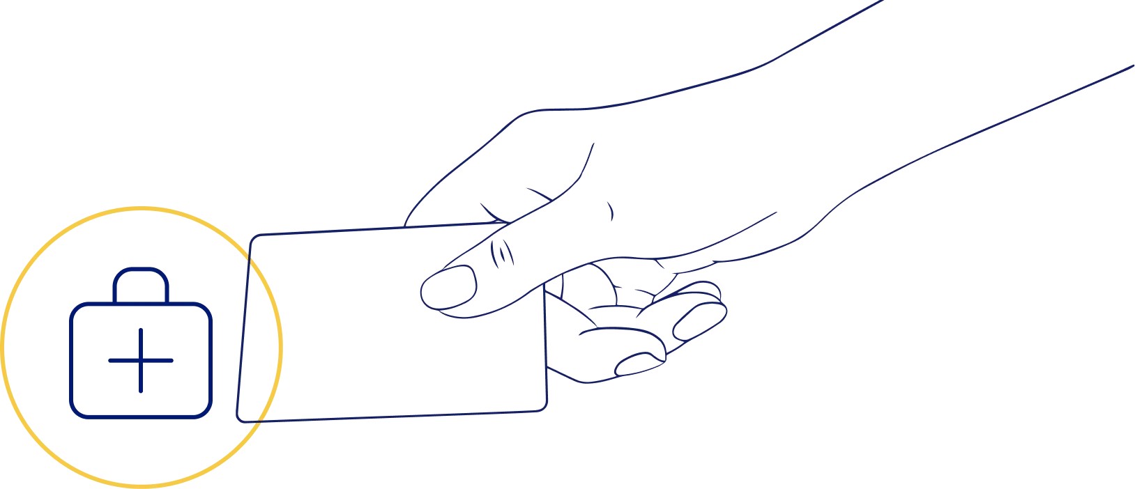 Line drawing of a hand holding a card, with a medical briefcase icon inside a yellow circle