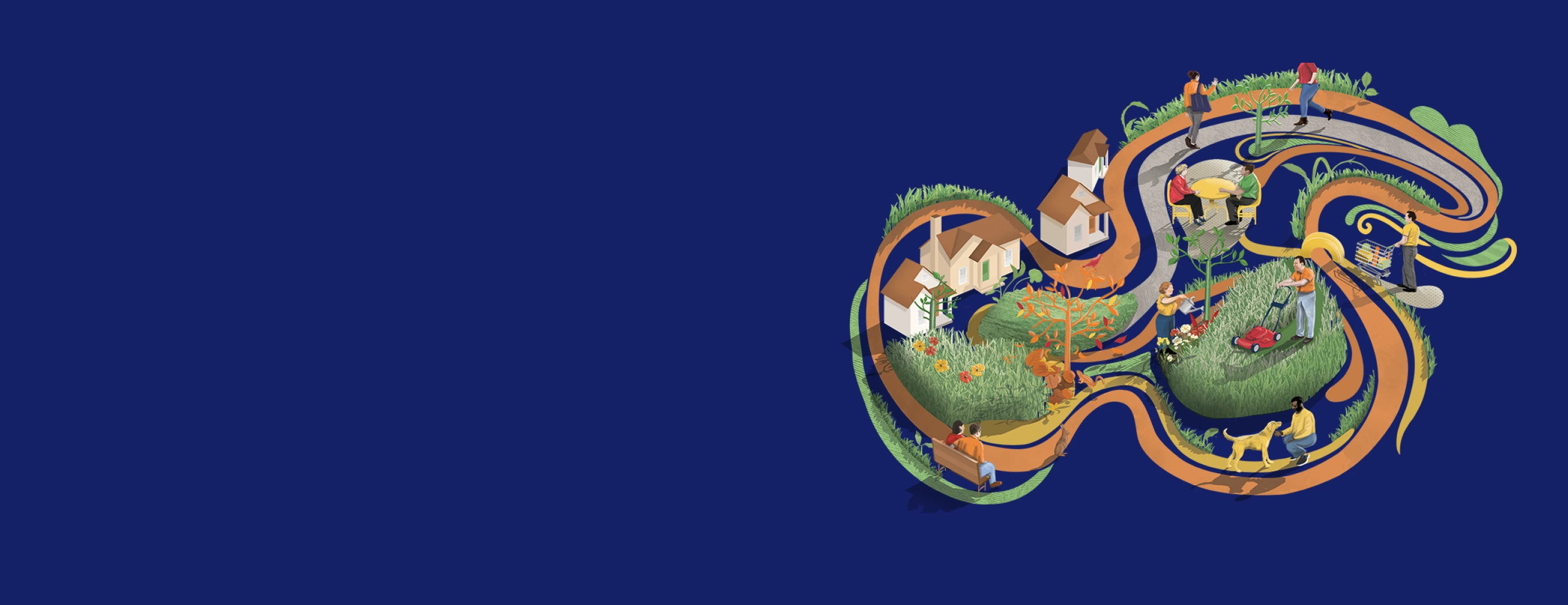 Illustration of a winding path with people doing outdoor activities like gardening, walking a dog, and shopping, surrounded by houses and greenery.