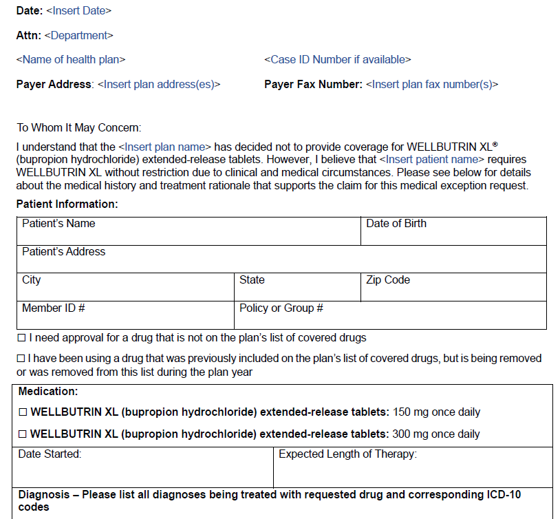 Medicare Part D Coverage Determination Request Form, with sections for patient and prescriber information, diagnosis, medication details, and rationale for prior authorization.
