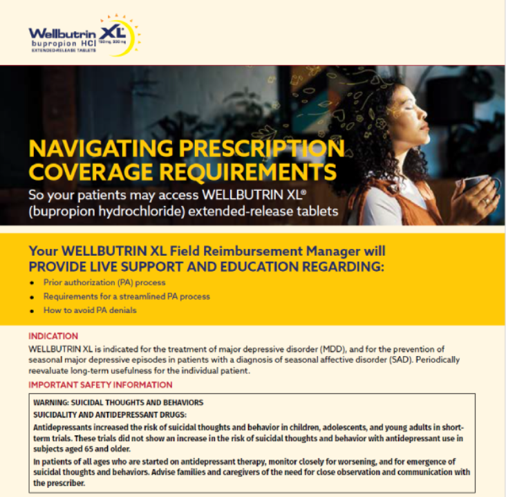 Cover of Wellbutrin XL Prior Authorization Guide, featuring a hand typing on a laptop keyboard, with guide details and safety information below.