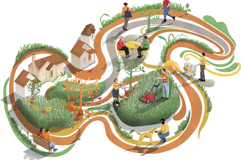 Illustration of a winding path with people doing outdoor activities like gardening, walking a dog, and shopping, surrounded by houses and greenery.