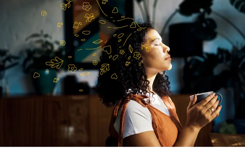 Photo of a woman holding a coffee cup, with illustrations.