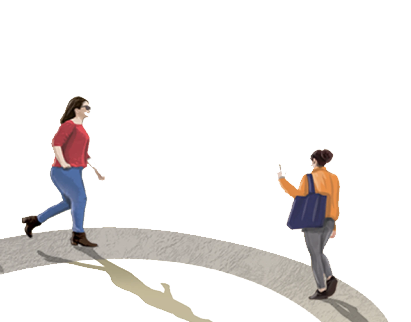 Drawing of two people on a sidewalk walking, one on the phone