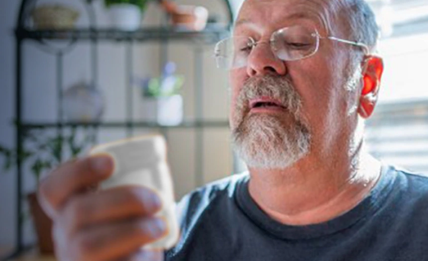 Photo of a Man holding a white pill bottle